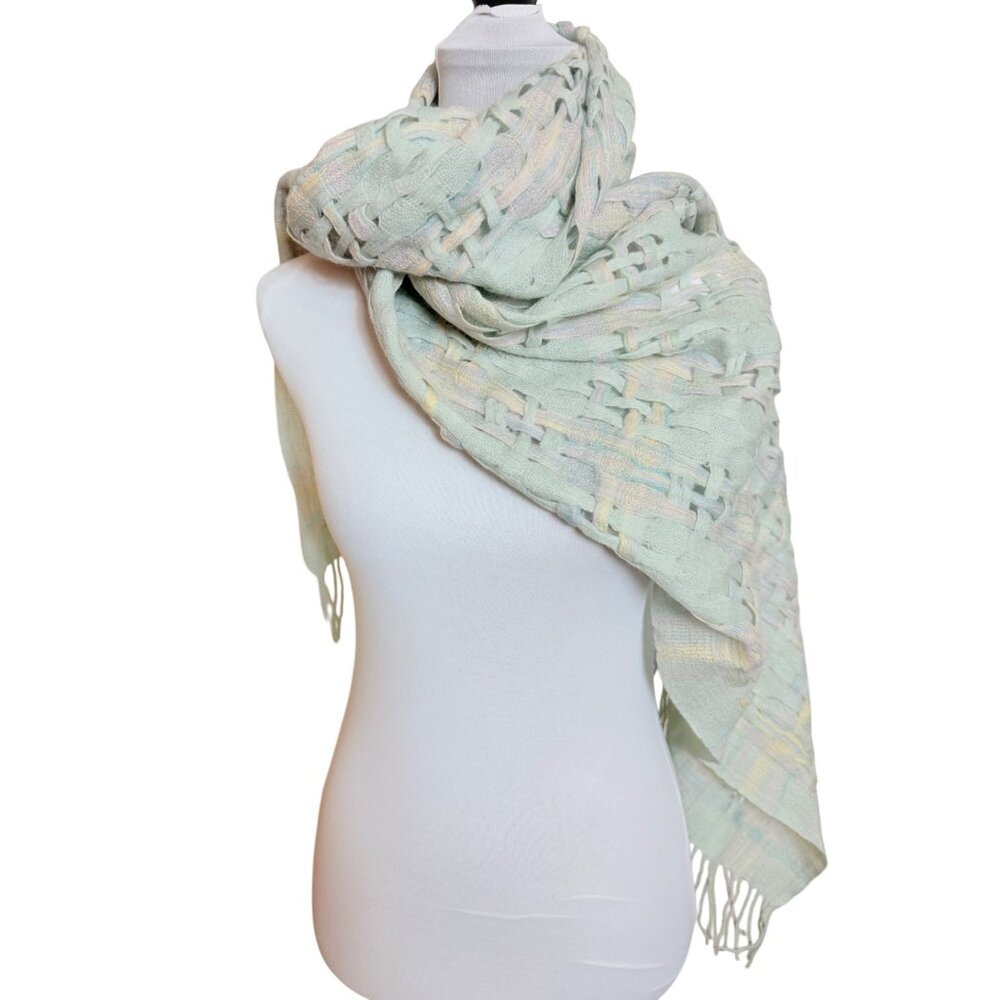 Cochni Italy Open Basketweave Wrap Scarf VTG Wool Pastel Lagenlook Loose Weave